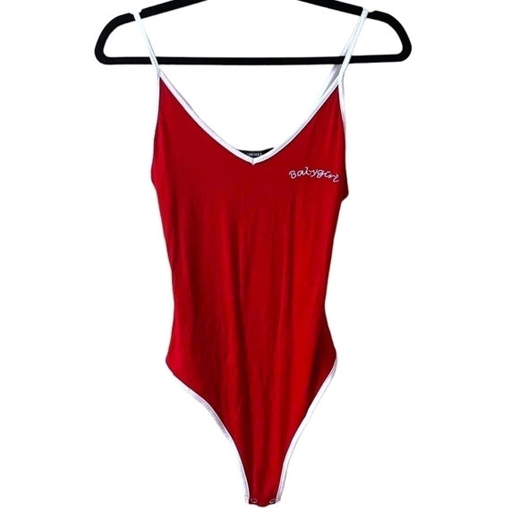 FOREVER 21 Red & White Ribbed "Baby Girl" Embroidered Body Suit Size M - Picture 2 of 5